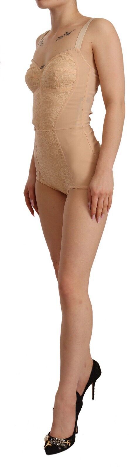 Dolce &amp; Gabbana – Beigefarbener Stretch-Body mit Spitzeneinsatz