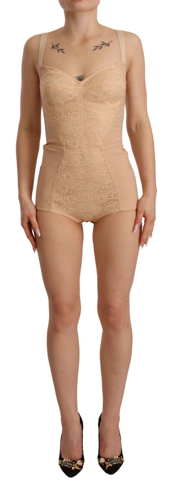 Dolce &amp; Gabbana – Beigefarbener Stretch-Body mit Spitzeneinsatz
