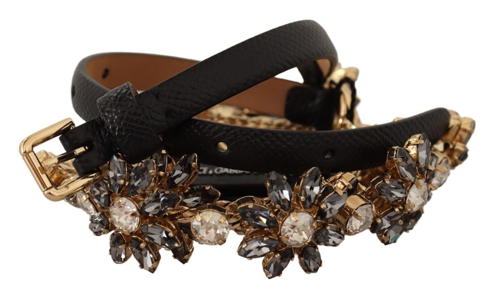 Dolce &amp; Gabbana Eleganter Ledergürtel mit Gänseblümchenkette und Kristallen