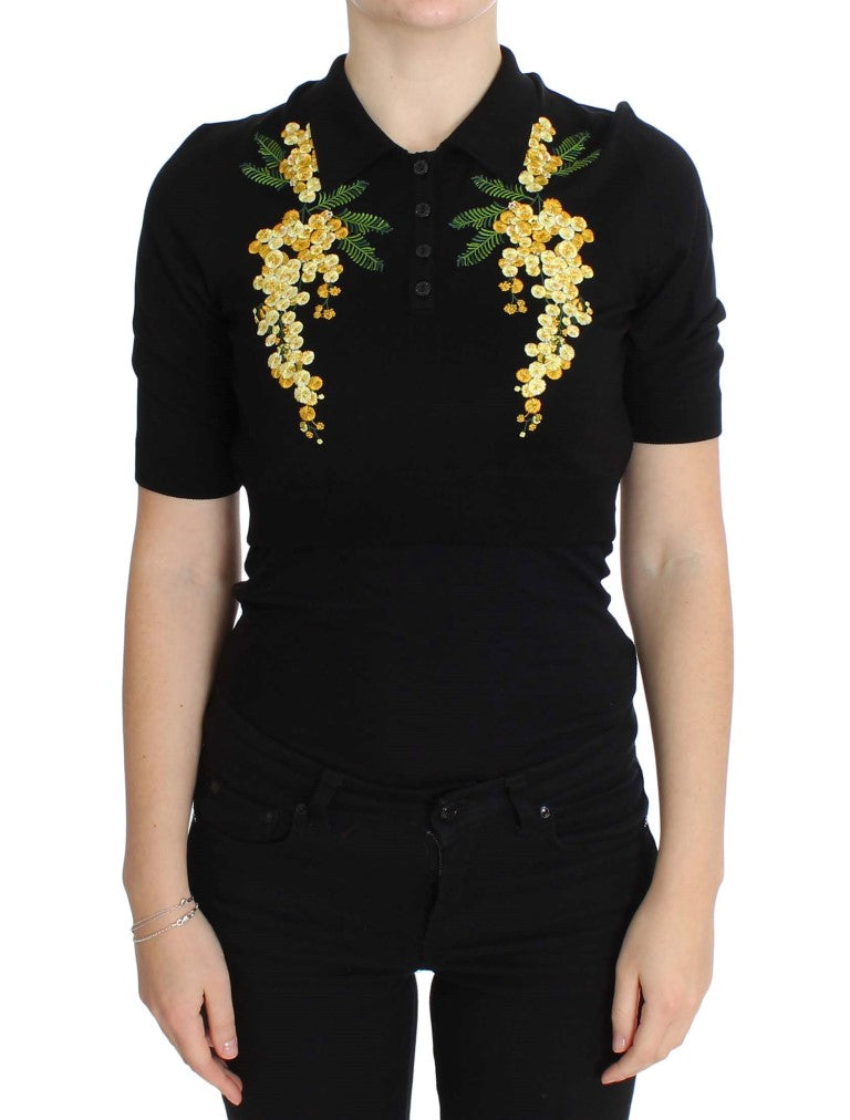 Dolce &amp; Gabbana Elegantes schwarzes Poloshirt aus Seide mit Blumenmuster