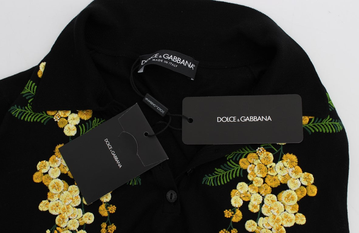 Dolce &amp; Gabbana Elegantes schwarzes Poloshirt aus Seide mit Blumenmuster