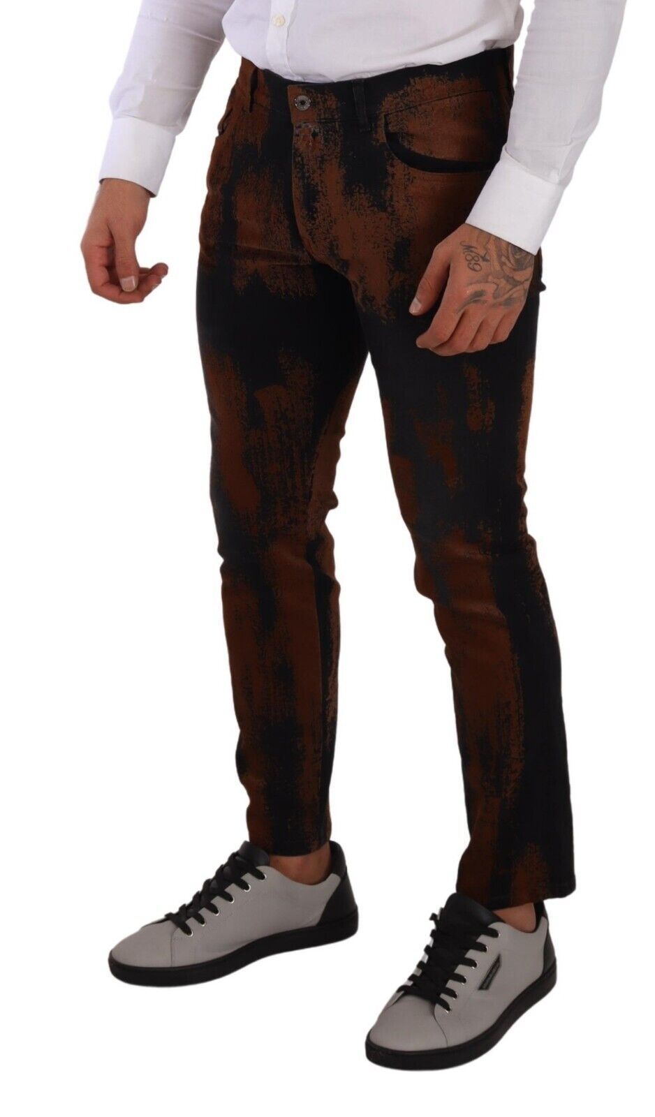 Dolce &amp; Gabbana Chic Schwarz-braune Batik-Slim-Fit-Jeans