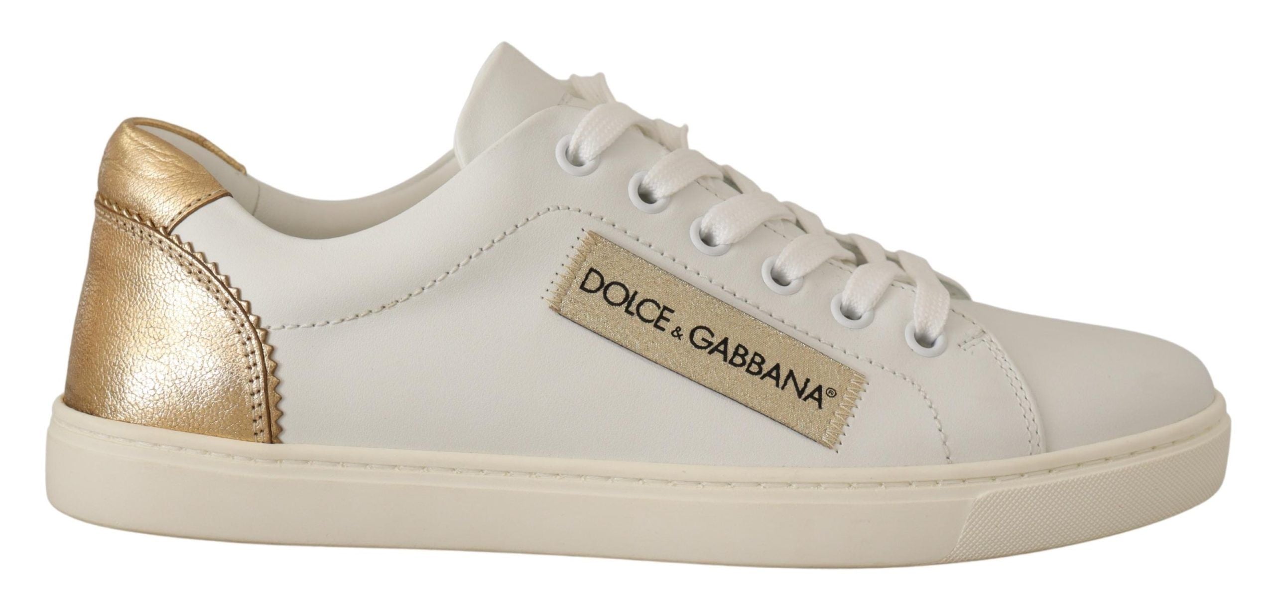 Dolce &amp; Gabbana Elegante weiße Leder-Sneaker mit goldenen Akzenten
