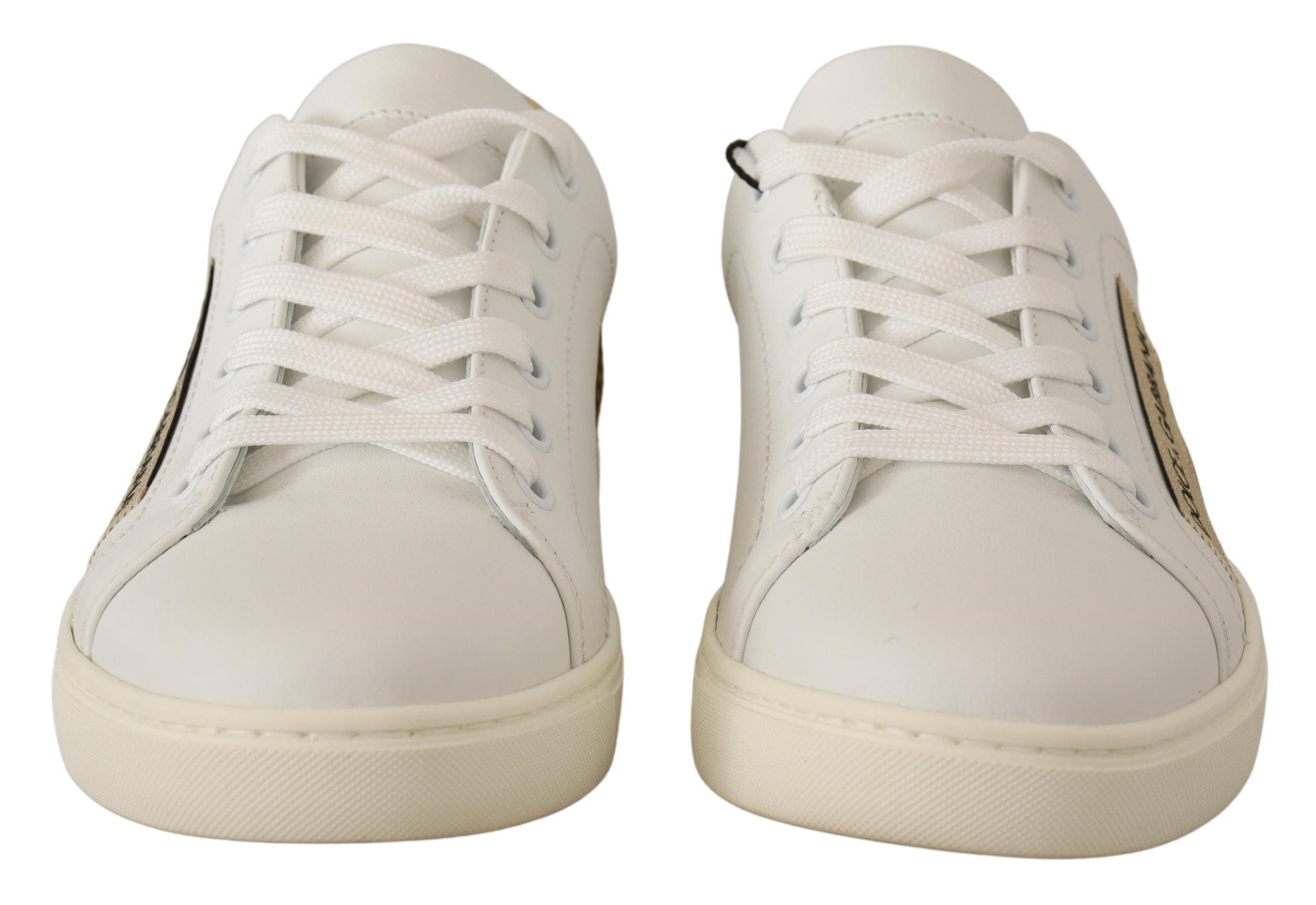 Dolce &amp; Gabbana Elegante weiße Leder-Sneaker mit goldenen Akzenten