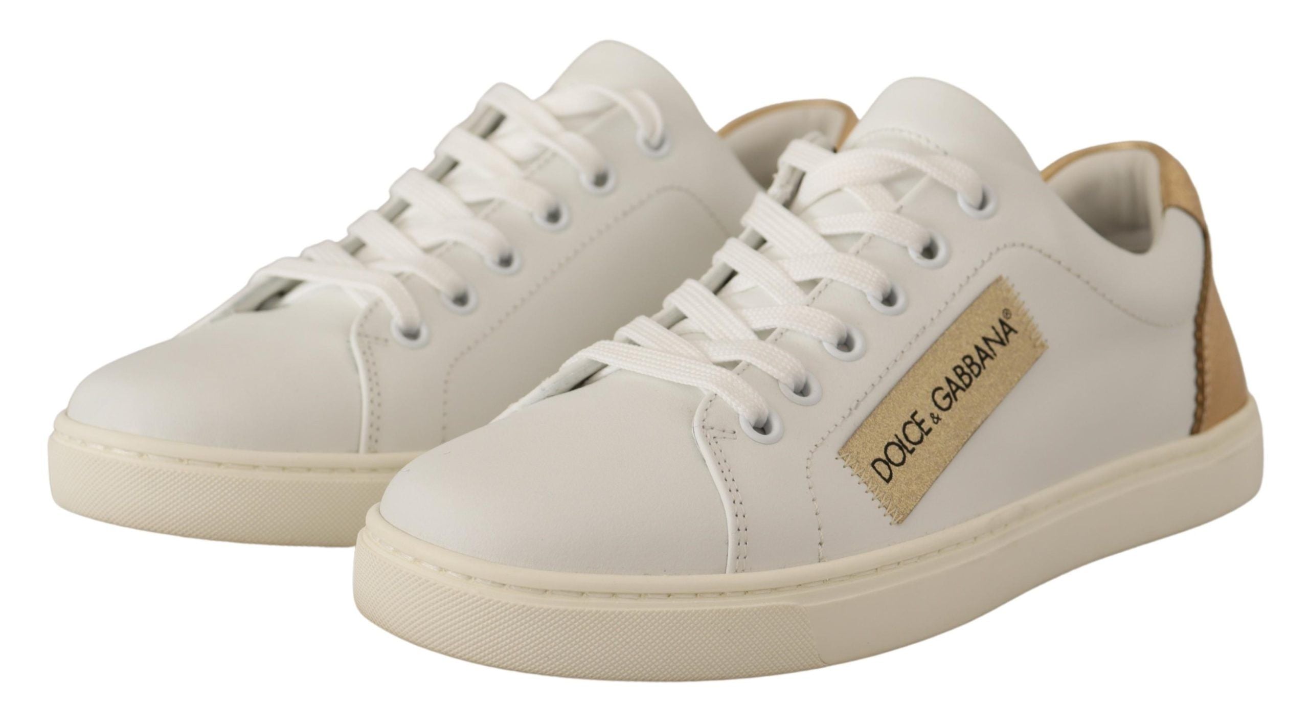 Dolce &amp; Gabbana Elegante weiße Leder-Sneaker mit goldenen Akzenten