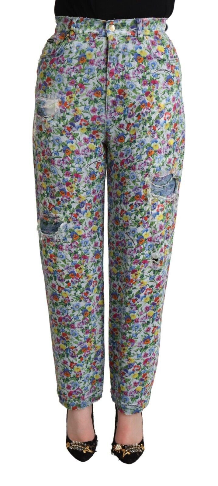 Dolce &amp; Gabbana – Hoch taillierte, konisch zulaufende Jeans aus Denim mit Blumenmuster