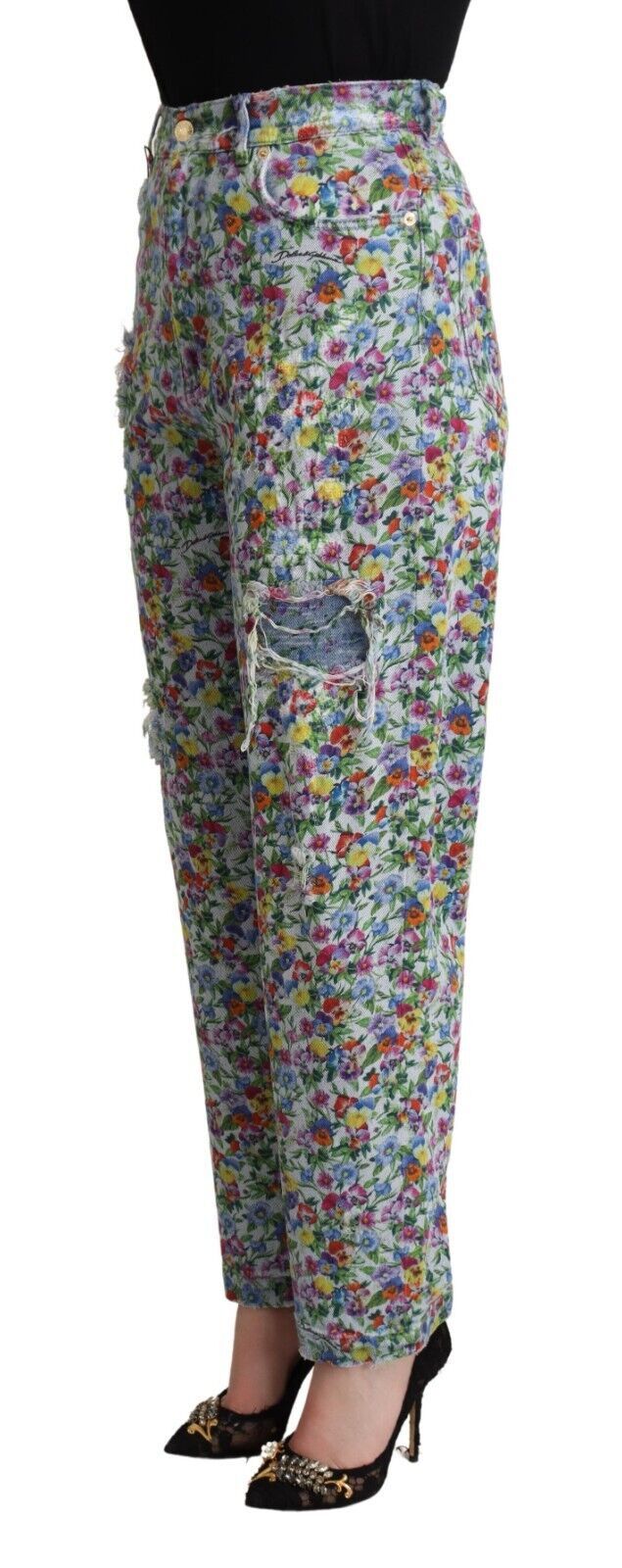 Dolce &amp; Gabbana – Hoch taillierte, konisch zulaufende Jeans aus Denim mit Blumenmuster