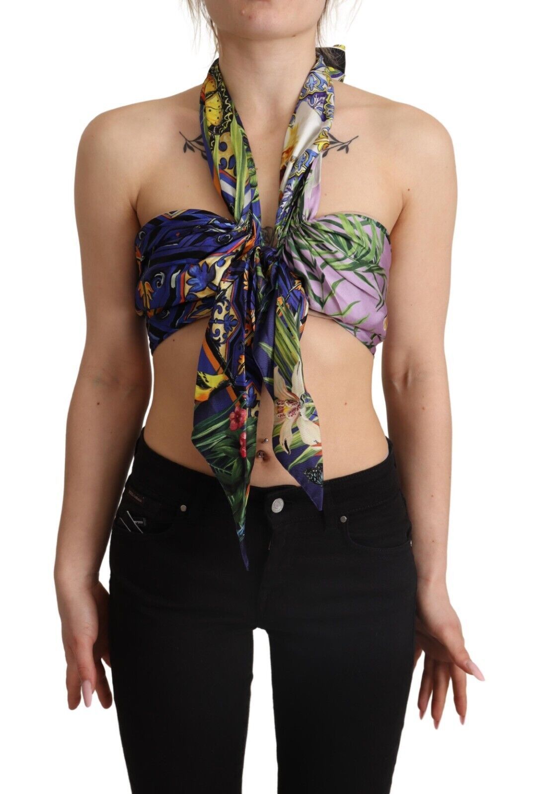Dolce &amp; Gabbana – Üppiges Neckholder-Crop-Top aus Seide – Mehrfarbig