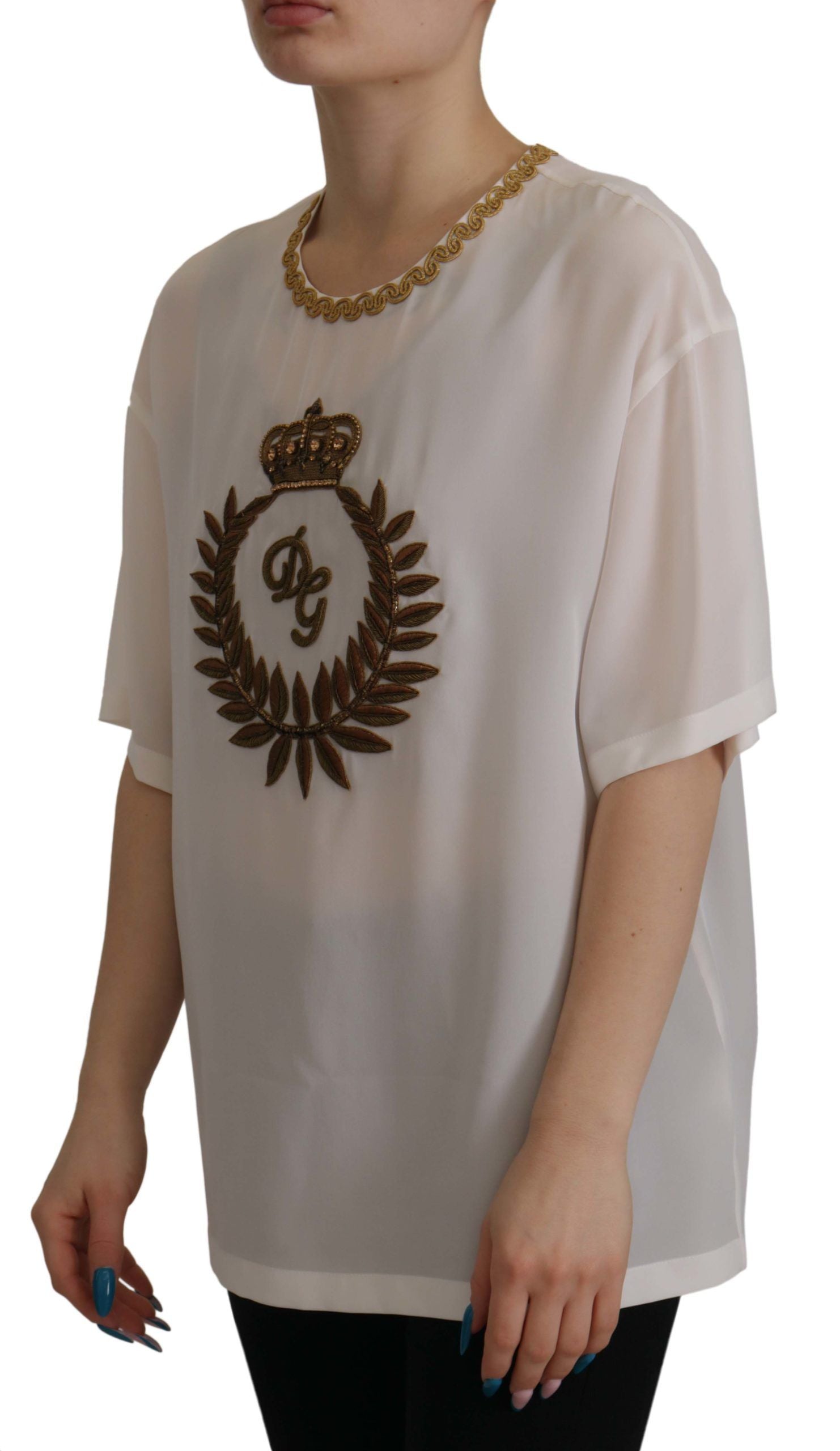Bluză elegantă de mătase Dolce &amp; Gabbana cu broderie coroană aurie