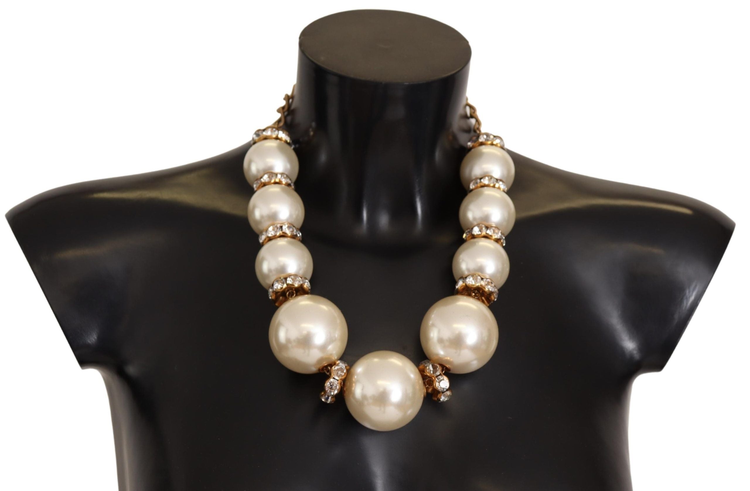 Dolce & Gabbana Gold Brass White Maxi Faux Pearl Beads Crystals Necklace