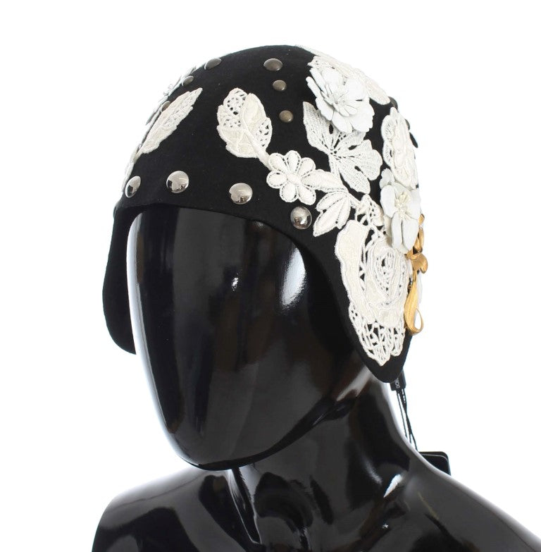 Dolce &amp; Gabbana Eleganter schwarzer Glockenhut aus Wolle mit Blumenmuster