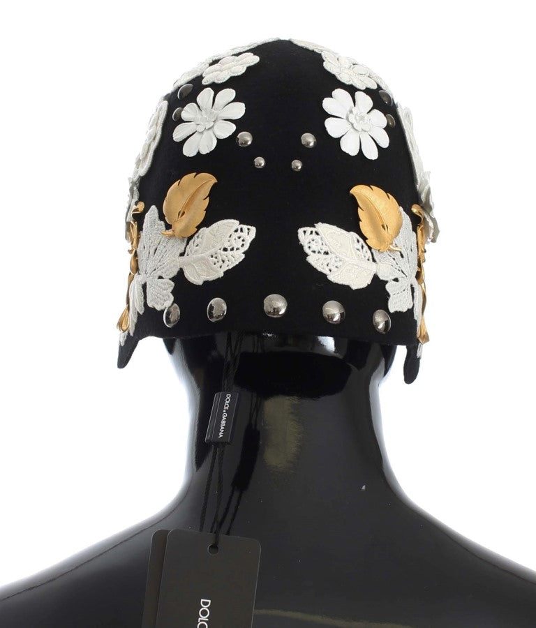 Pălărie cloche elegantă din lână cu imprimeu floral negru Dolce &amp; Gabbana