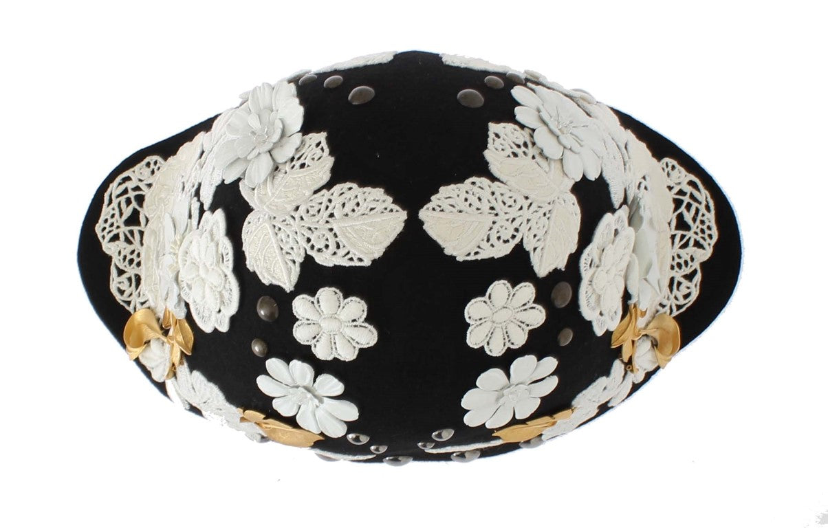 Pălărie cloche elegantă din lână cu imprimeu floral negru Dolce &amp; Gabbana