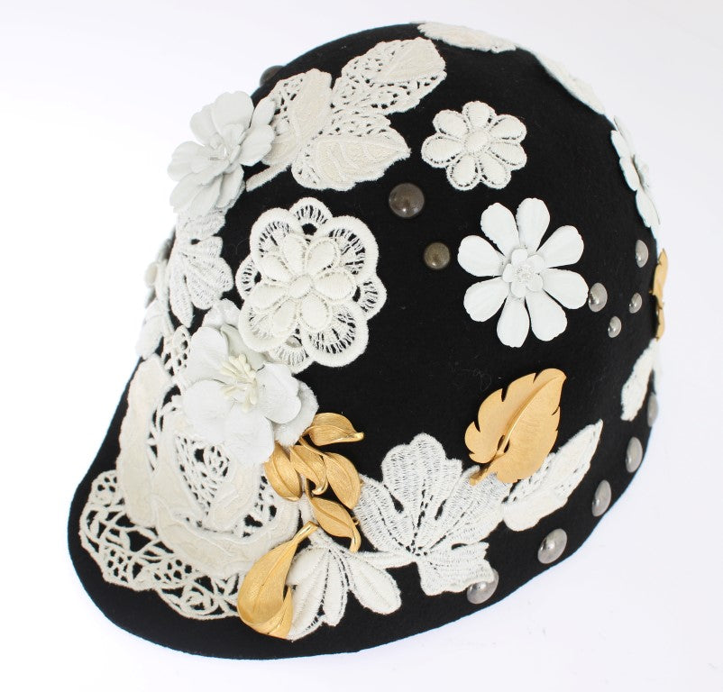 Pălărie cloche elegantă din lână cu imprimeu floral negru Dolce &amp; Gabbana