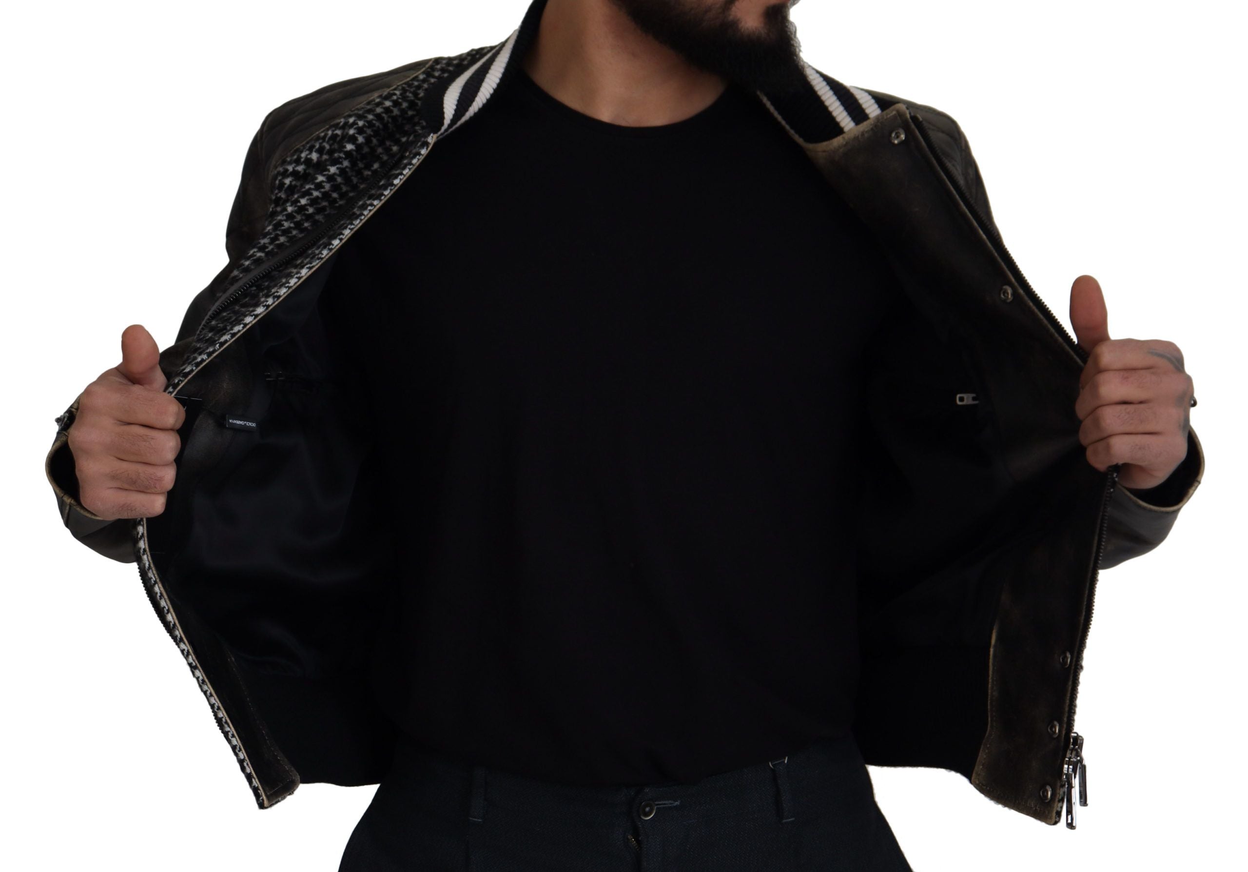 Dolce &amp; Gabbana – Mehrfarbige Bomberjacke aus Leder mit Hahnentrittmuster