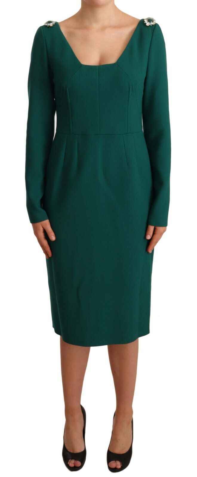 Rochie midi Dolce &amp; Gabbana verde smarald cu broșă cu cristale