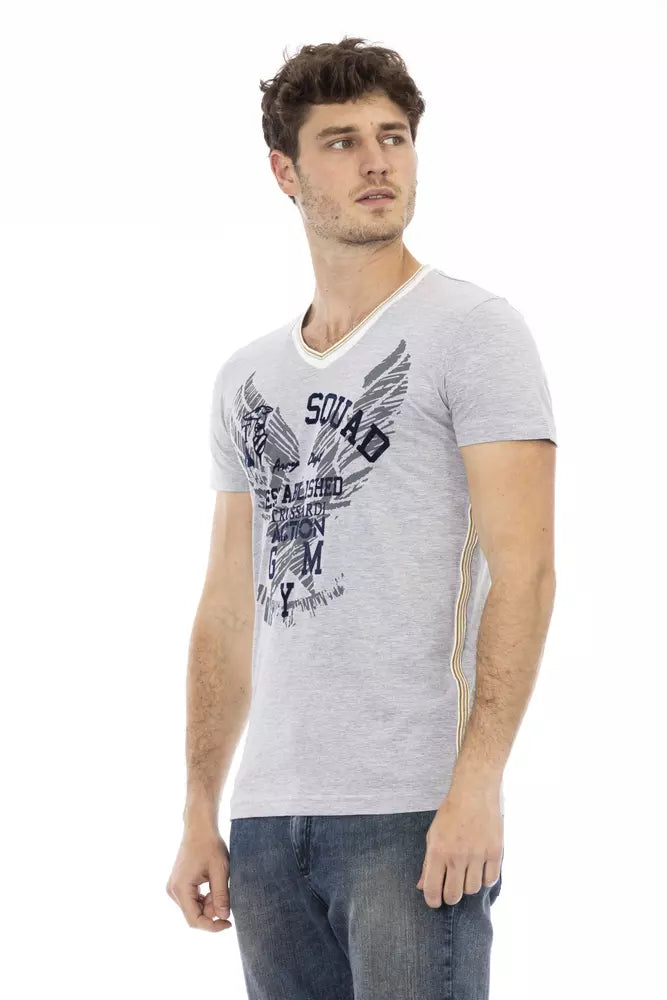 Trussardi Action Graues Herren-T-Shirt aus Baumwolle mit V-Ausschnitt