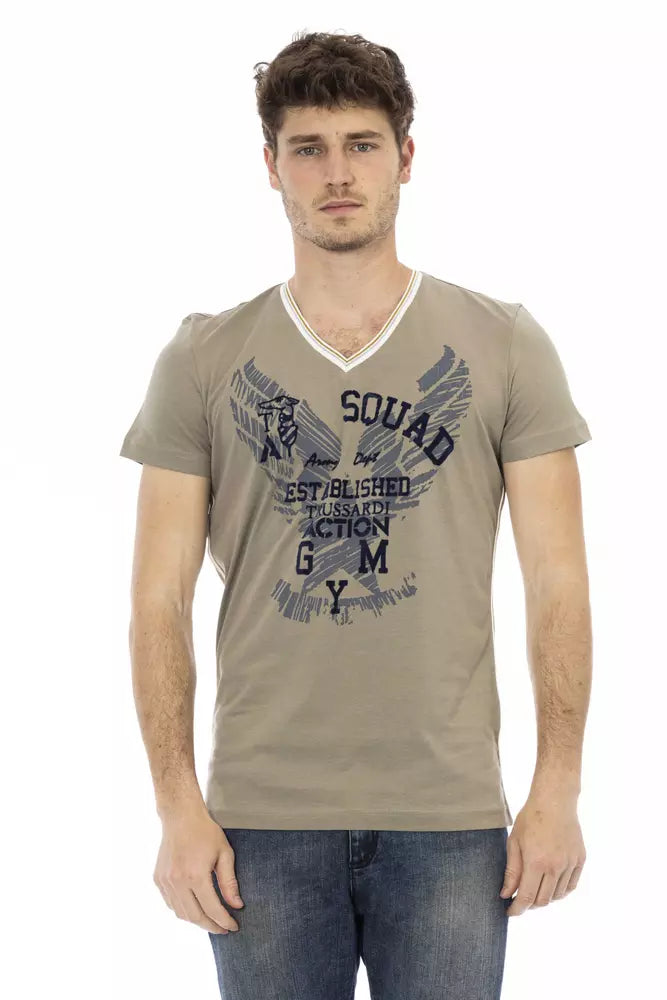 Trussardi Action Grünes Herren-T-Shirt aus Baumwolle mit V-Ausschnitt