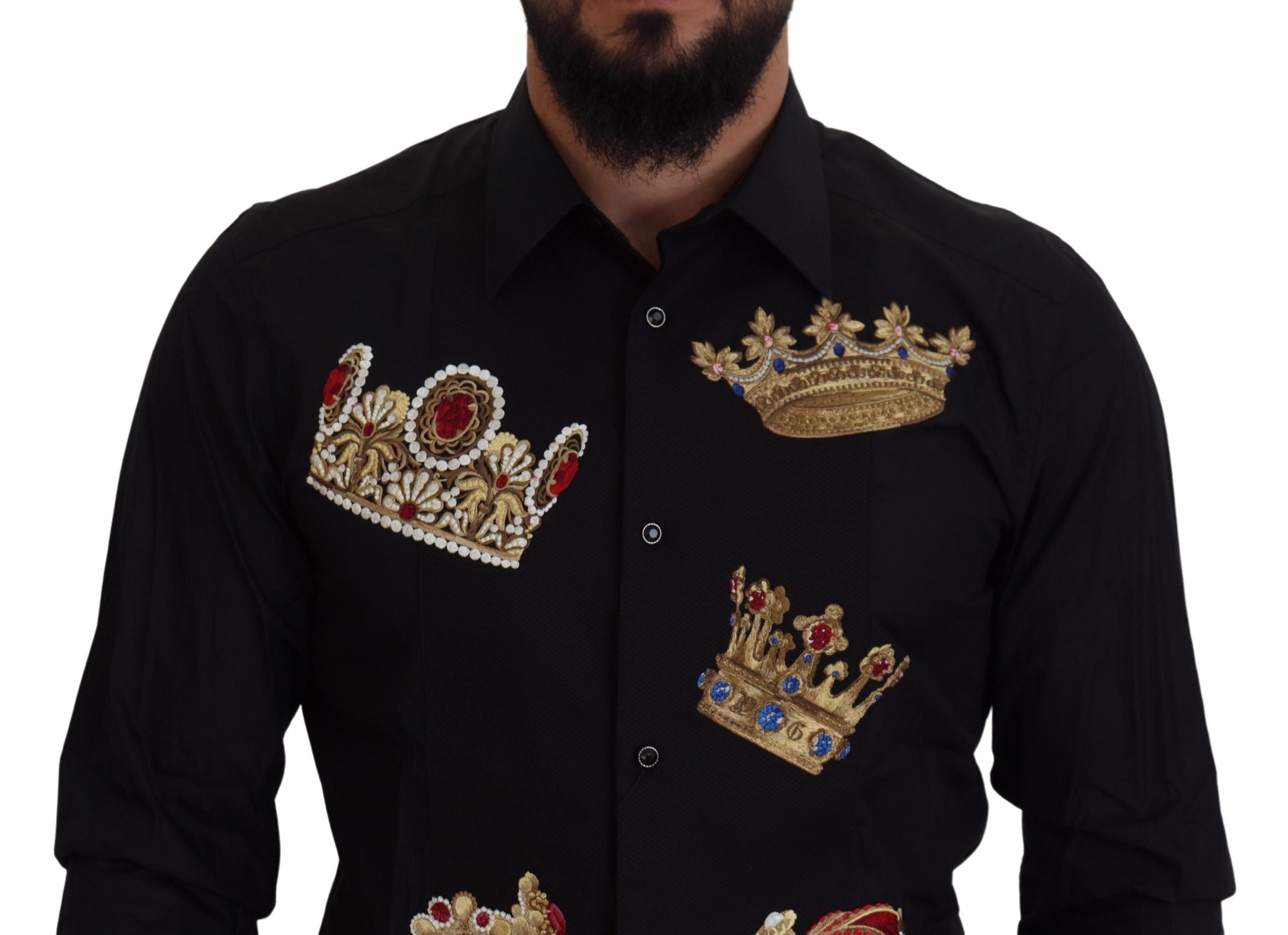 Dolce &amp; Gabbana – Elegantes schwarzes Slim-Fit-Hemd mit Kronenstickerei