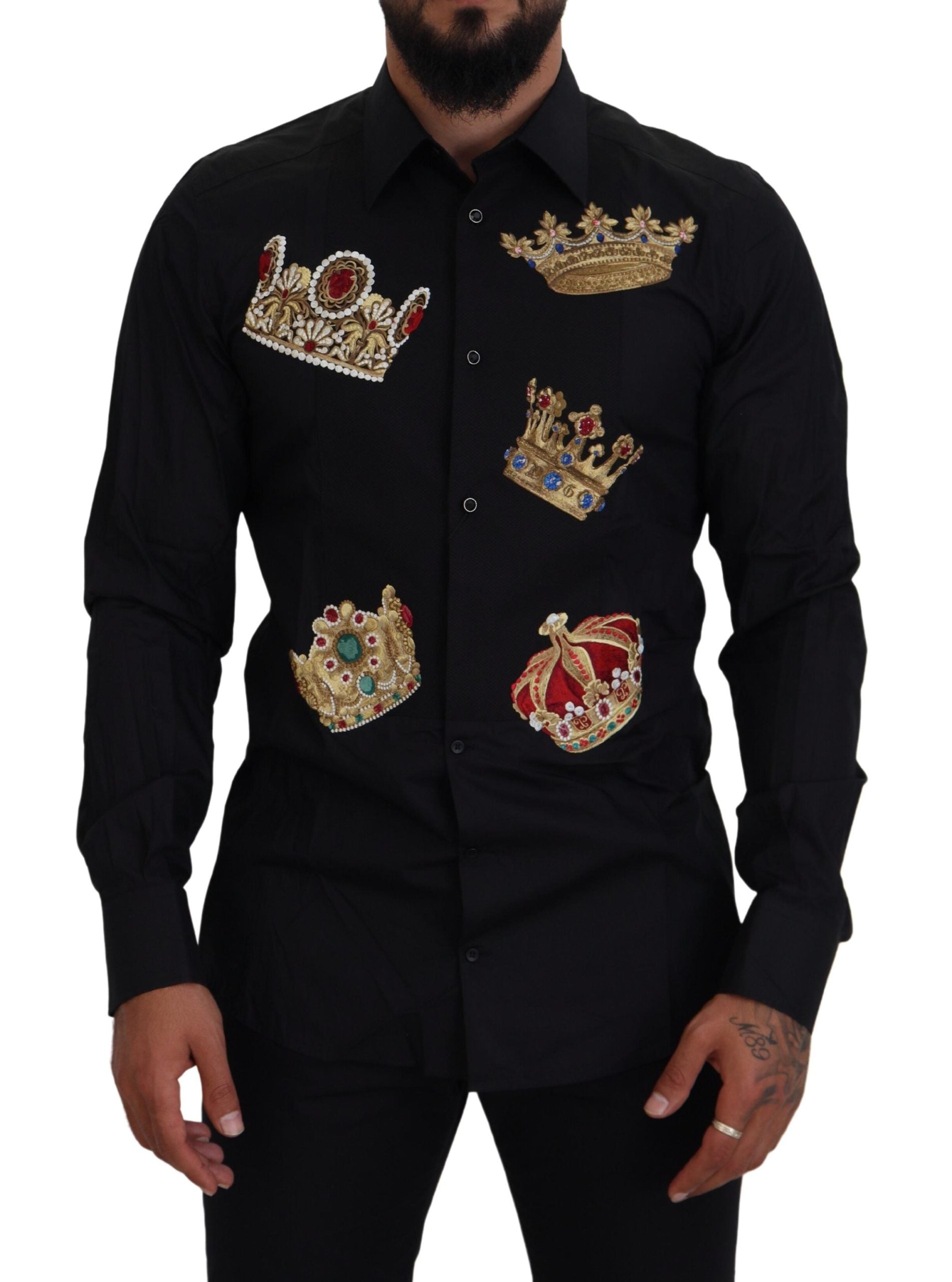 Dolce &amp; Gabbana – Elegantes schwarzes Slim-Fit-Hemd mit Kronenstickerei
