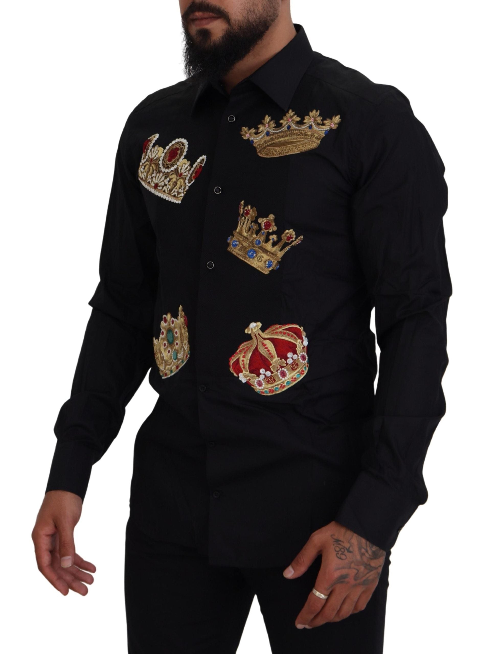 Dolce &amp; Gabbana – Elegantes schwarzes Slim-Fit-Hemd mit Kronenstickerei