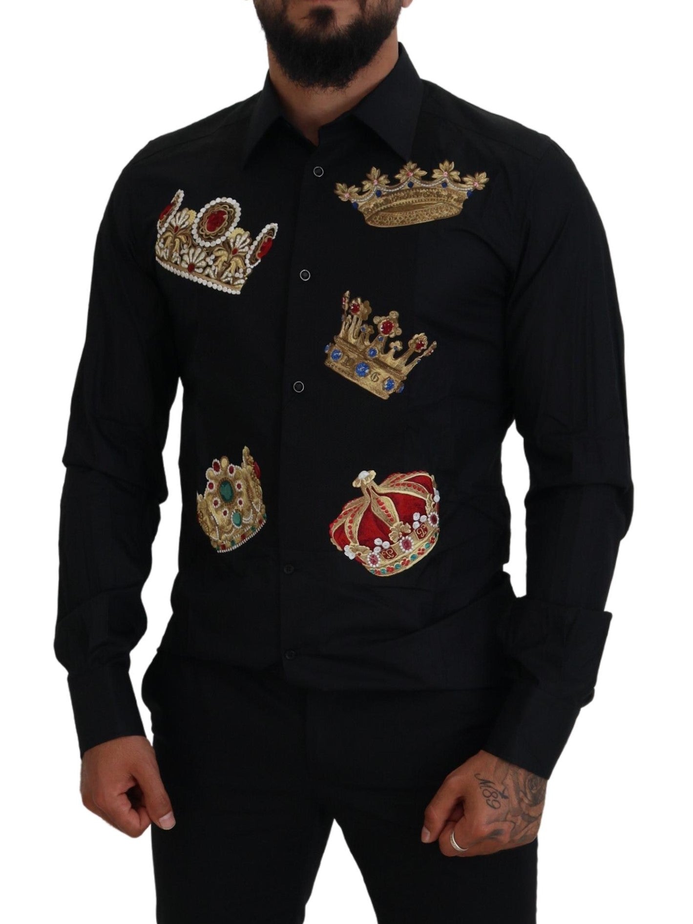 Dolce &amp; Gabbana – Elegantes schwarzes Slim-Fit-Hemd mit Kronenstickerei