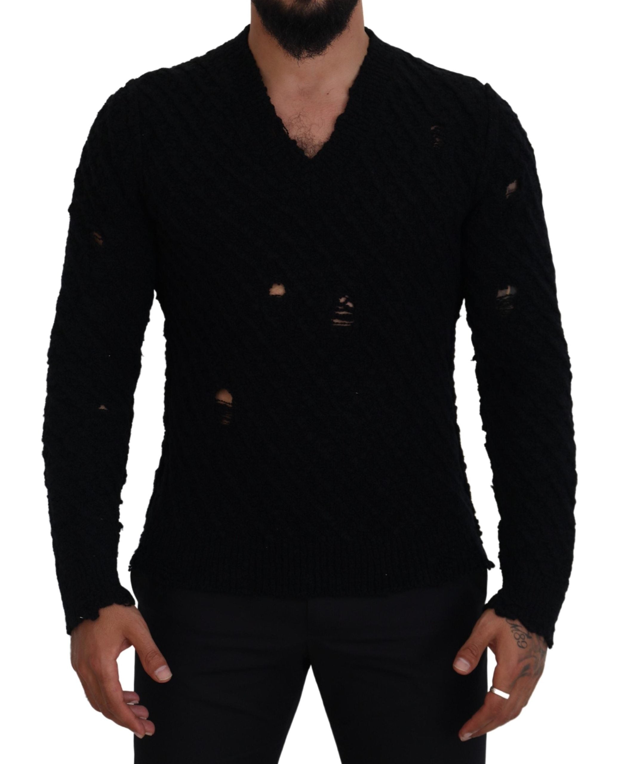 Dolce &amp; Gabbana Eleganter schwarzer Pullover aus Wollmischung mit V-Ausschnitt
