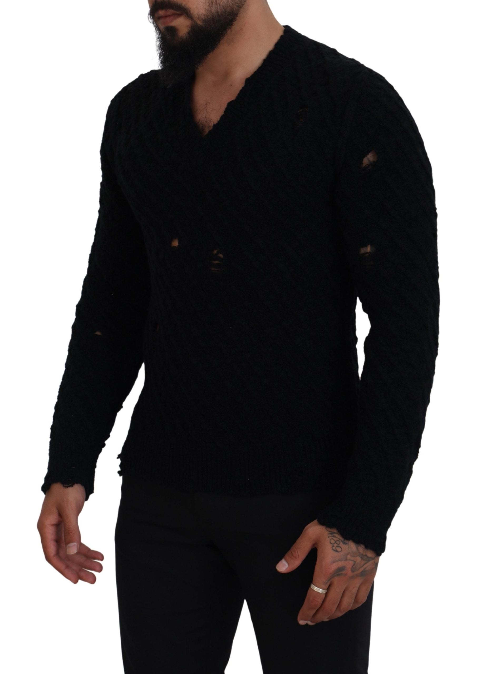 Dolce &amp; Gabbana Eleganter schwarzer Pullover aus Wollmischung mit V-Ausschnitt