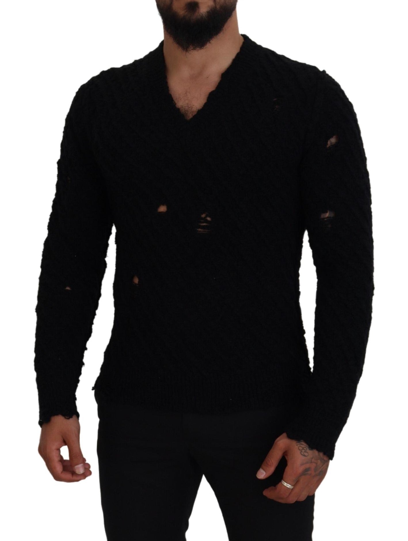 Dolce &amp; Gabbana Eleganter schwarzer Pullover aus Wollmischung mit V-Ausschnitt