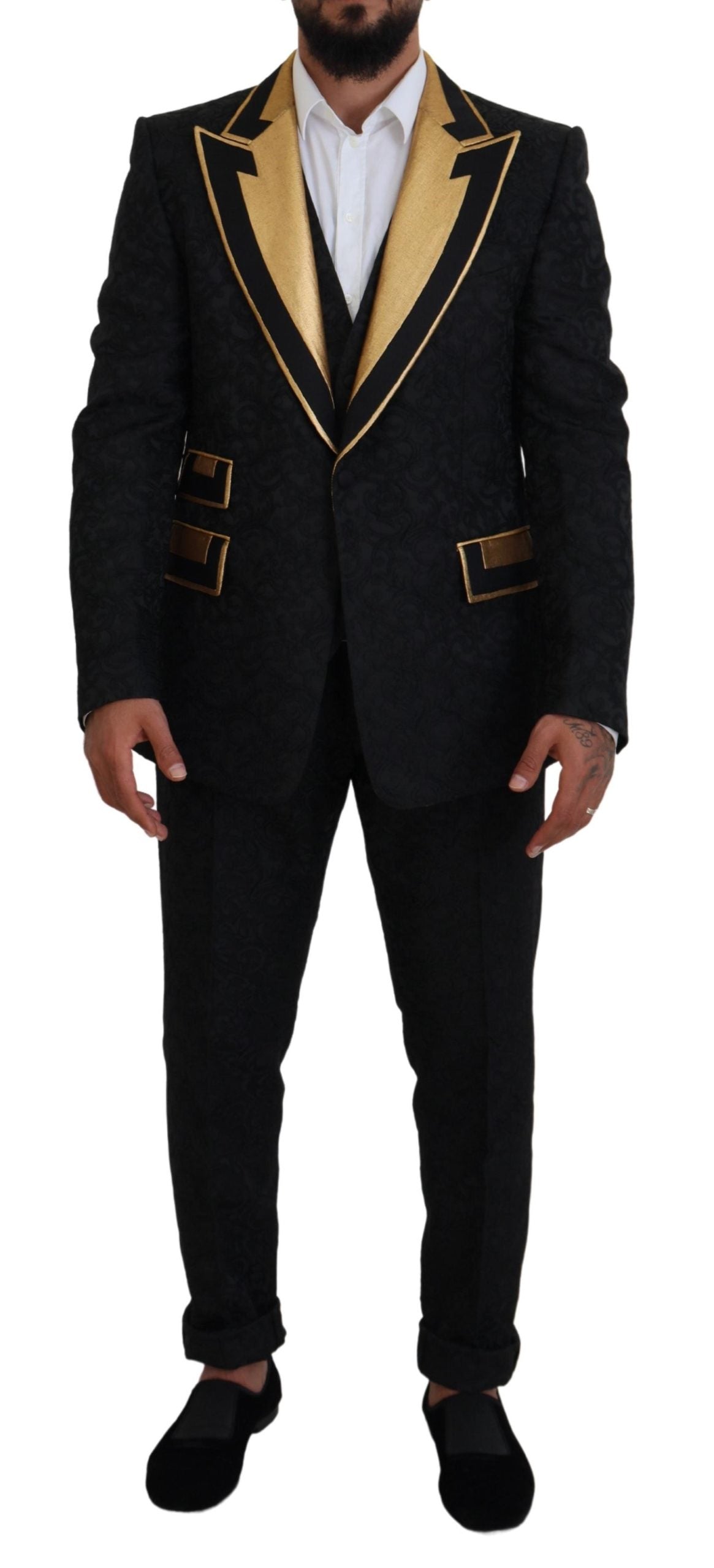 Dolce &amp; Gabbana – Eleganter, schwarz-goldener Slim-Fit-3-teiliger Anzug