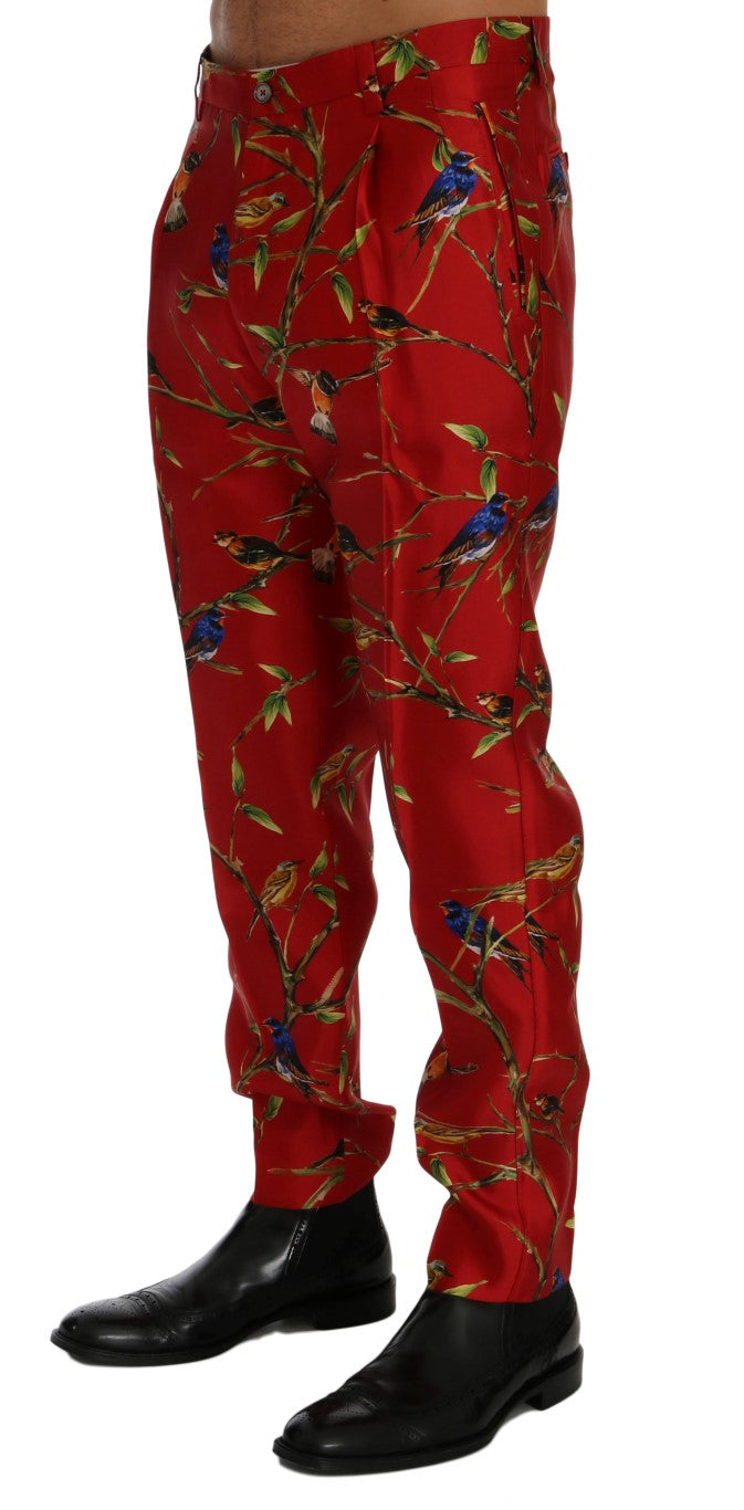 Dolce &amp; Gabbana – Elegante Seidenhose mit rotem Vogel-Print