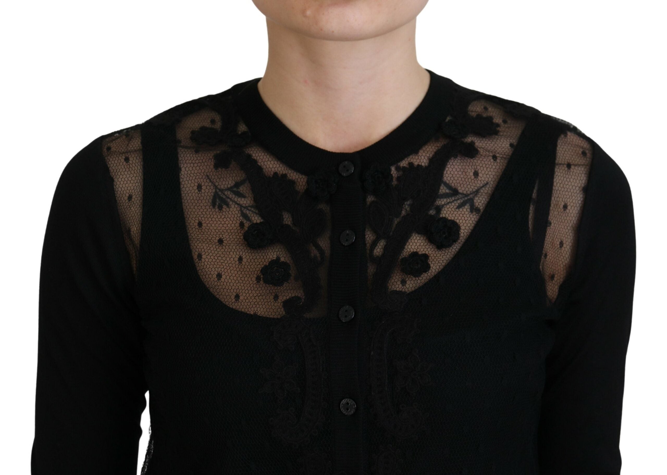 Dolce &amp; Gabbana Eleganter schwarzer Cardigan-Pullover mit Blumenspitze