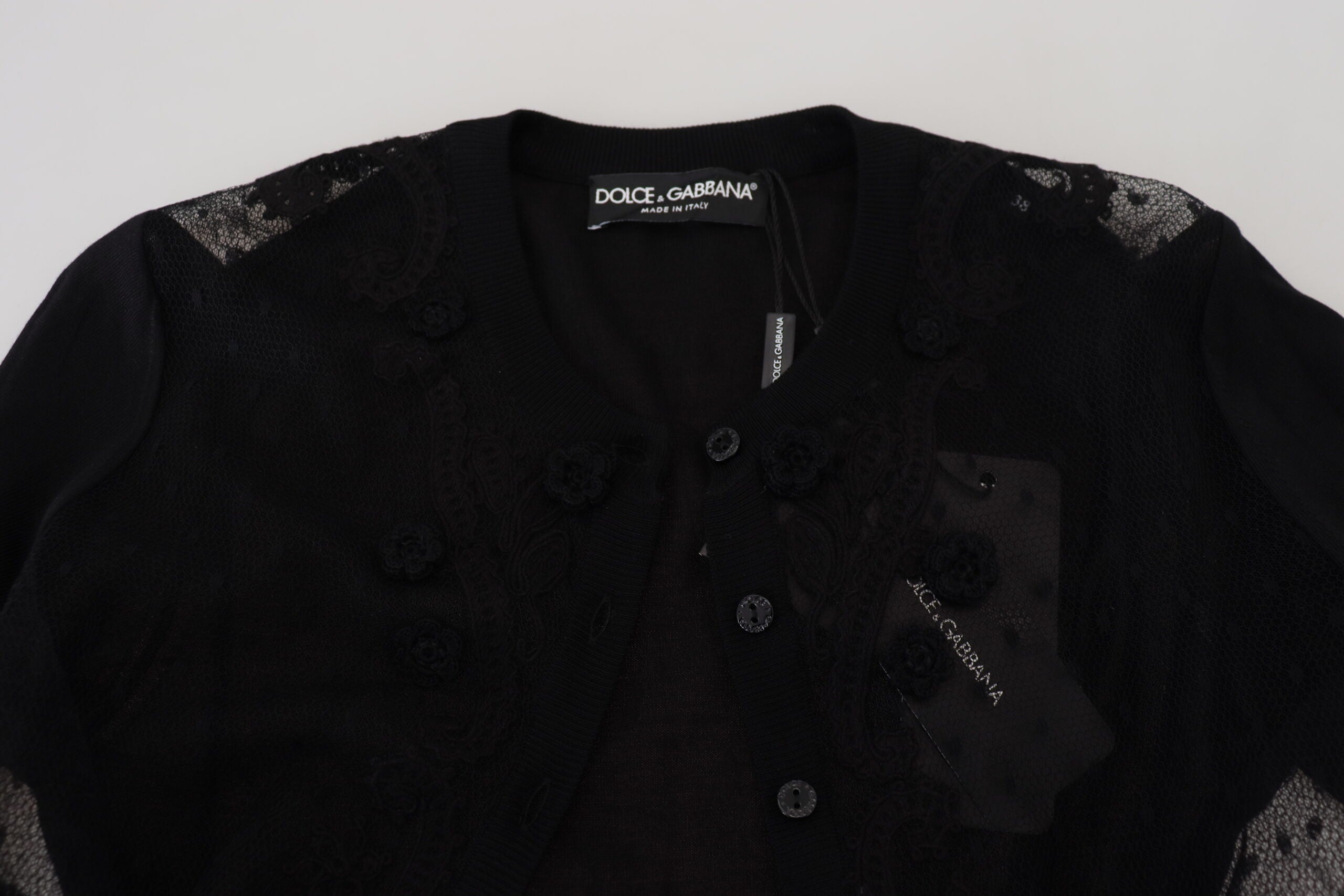 Dolce &amp; Gabbana Eleganter schwarzer Cardigan-Pullover mit Blumenspitze