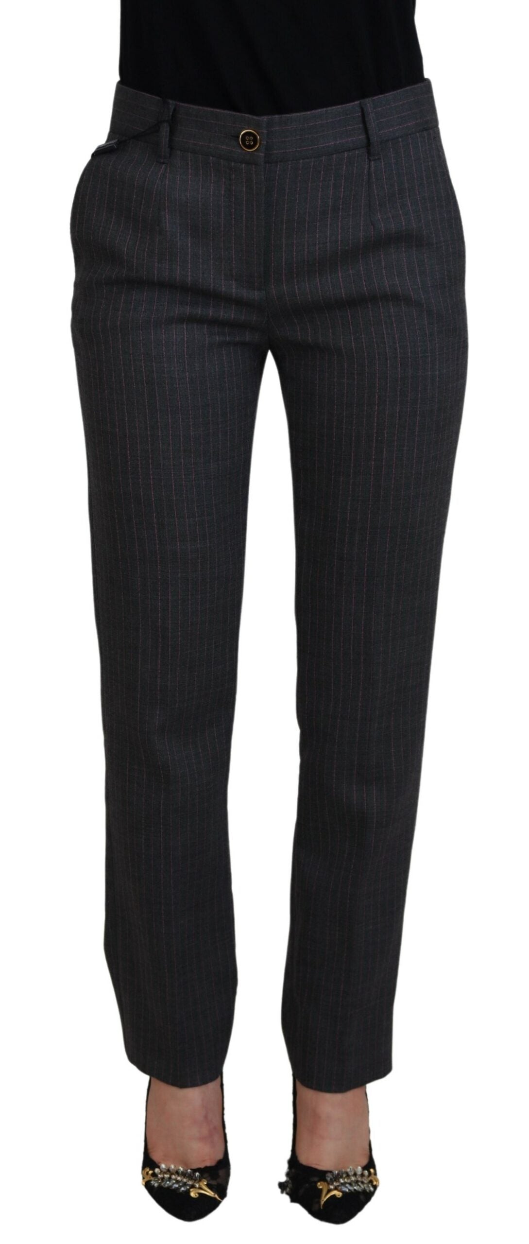 Dolce &amp; Gabbana Pantaloni eleganți gri cu dungi și talie înaltă