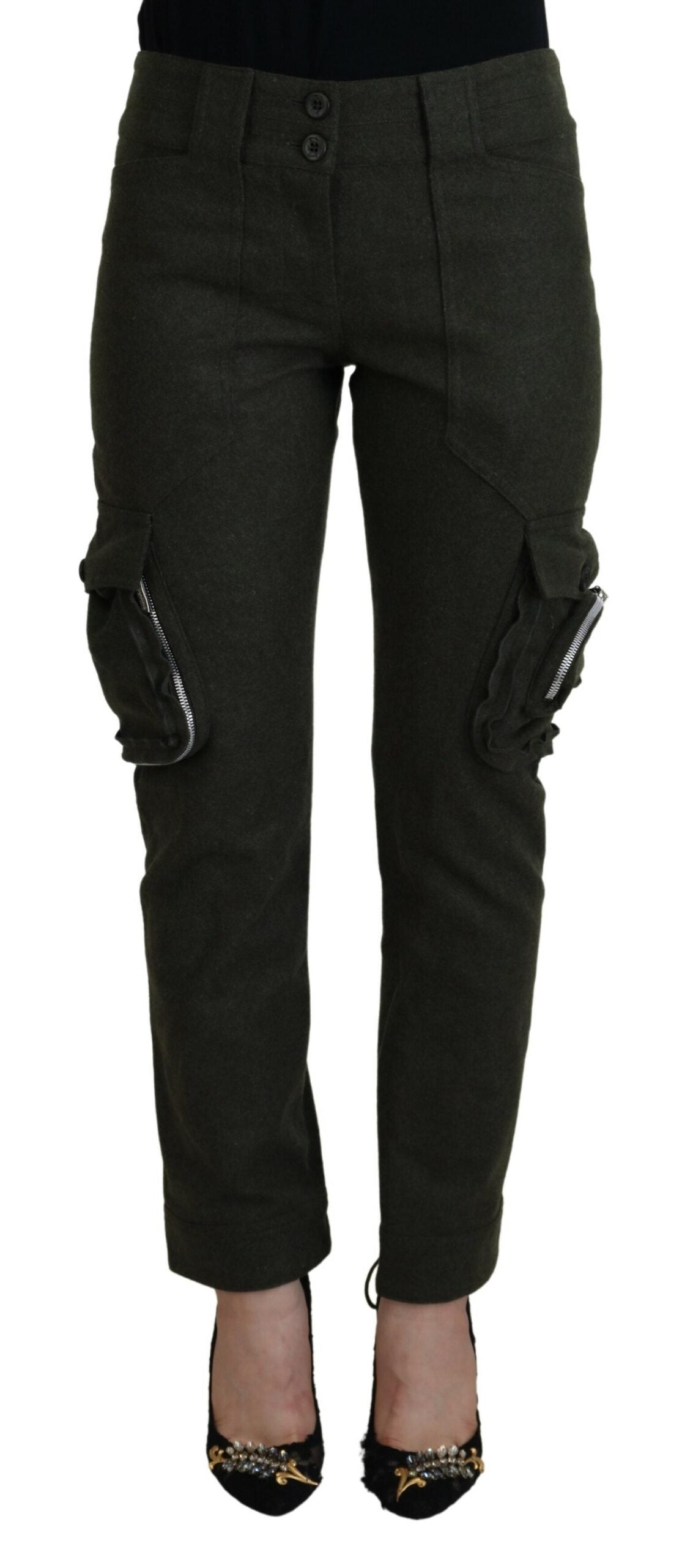 Pantaloni eleganți conici din amestec de lână verde Ermanno Scervino