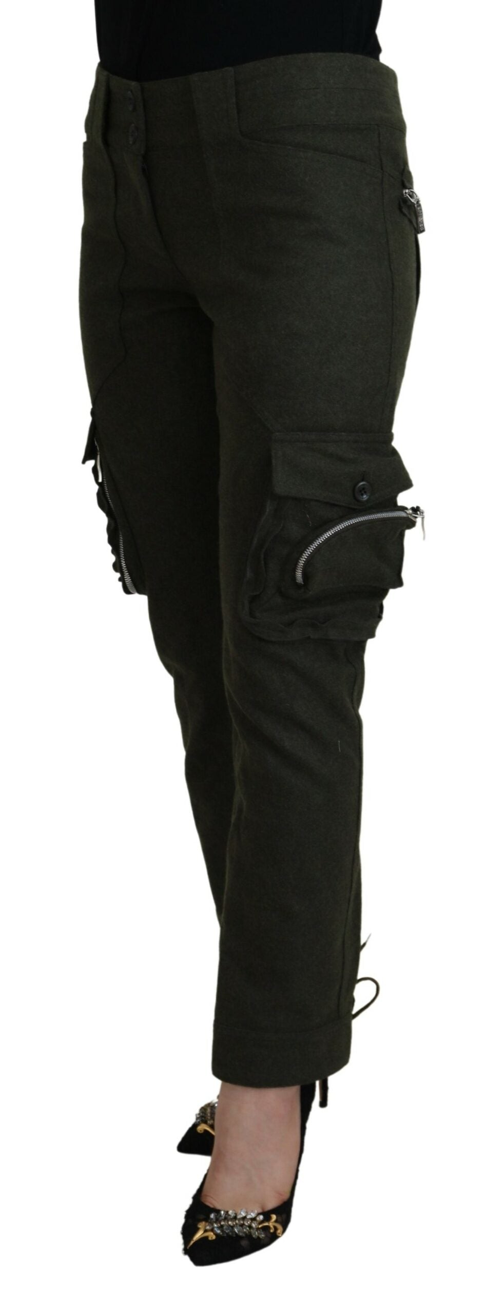 Pantaloni eleganți conici din amestec de lână verde Ermanno Scervino