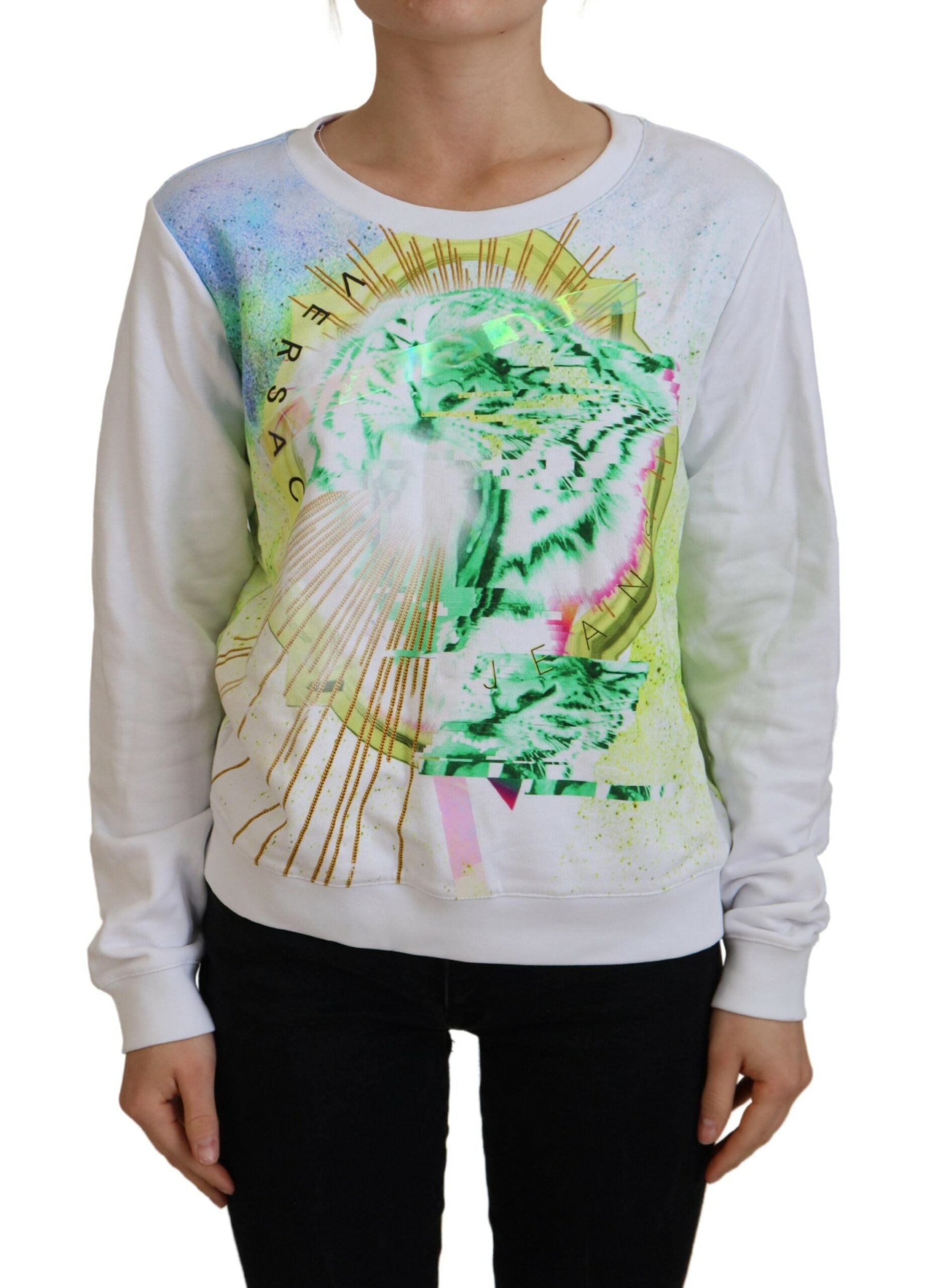 Versace Jeans Eleganter weißer Pullover mit Rundhalsausschnitt und Grafik