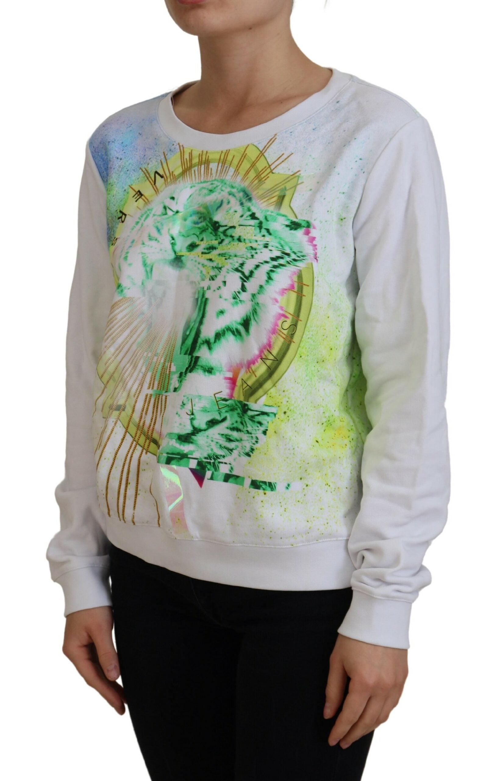 Versace Jeans Eleganter weißer Pullover mit Rundhalsausschnitt und Grafik