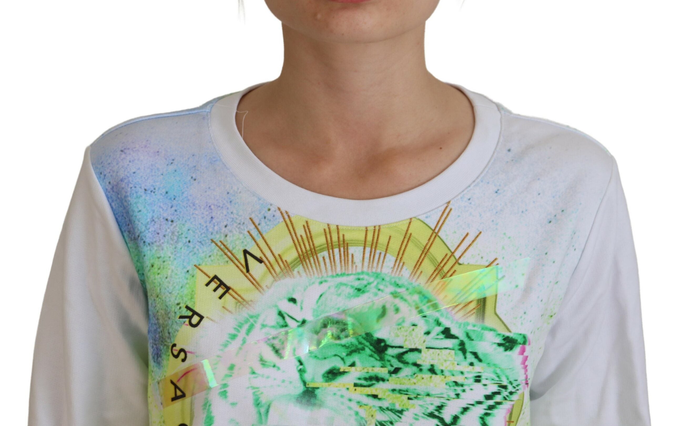 Versace Jeans Eleganter weißer Pullover mit Rundhalsausschnitt und Grafik