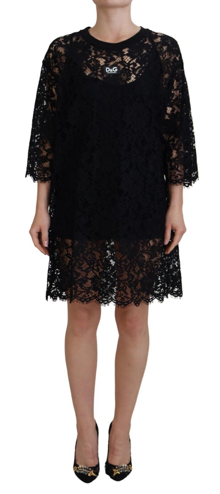 Rochie elegantă neagră cu imprimeu floral din dantelă Dolce &amp; Gabbana