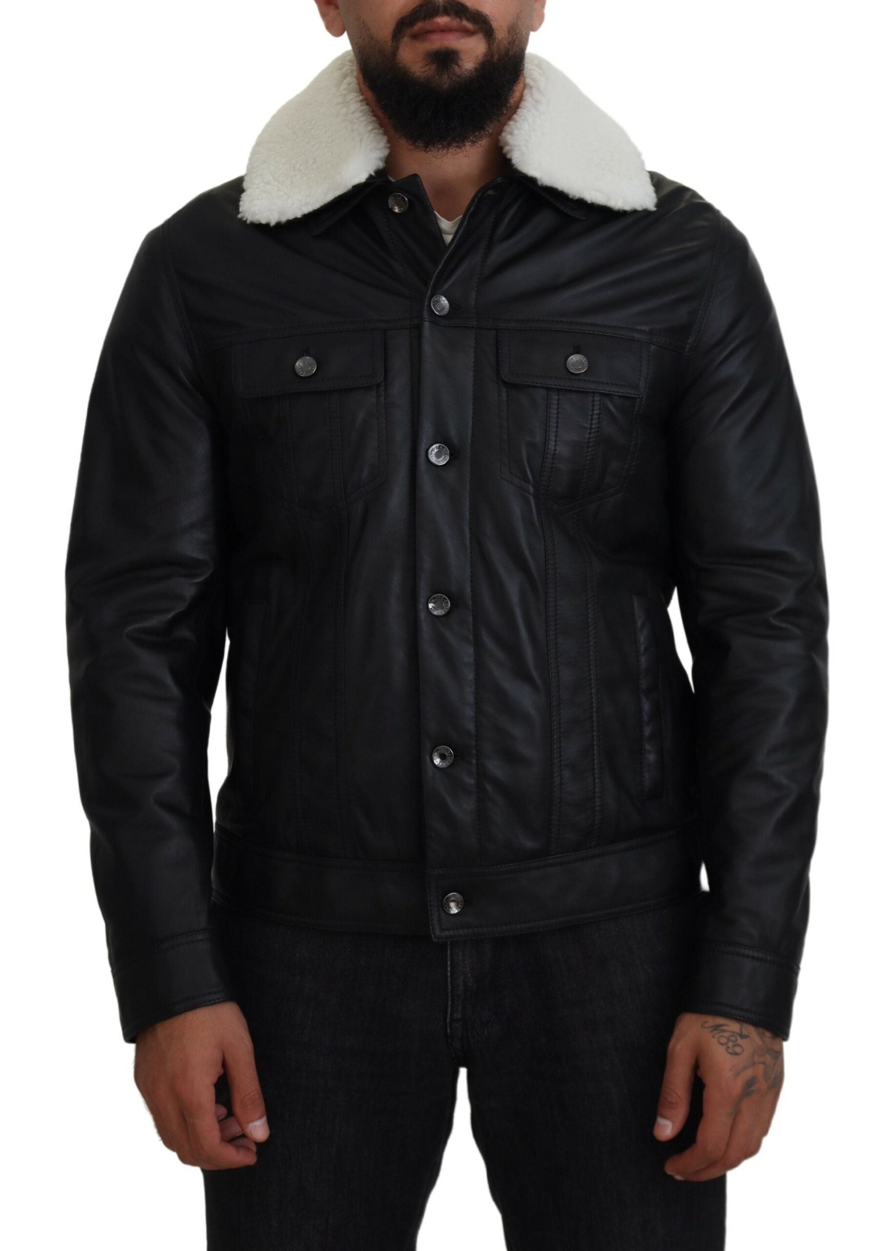 Jachetă bomber elegantă din piele neagră Dolce &amp; Gabbana