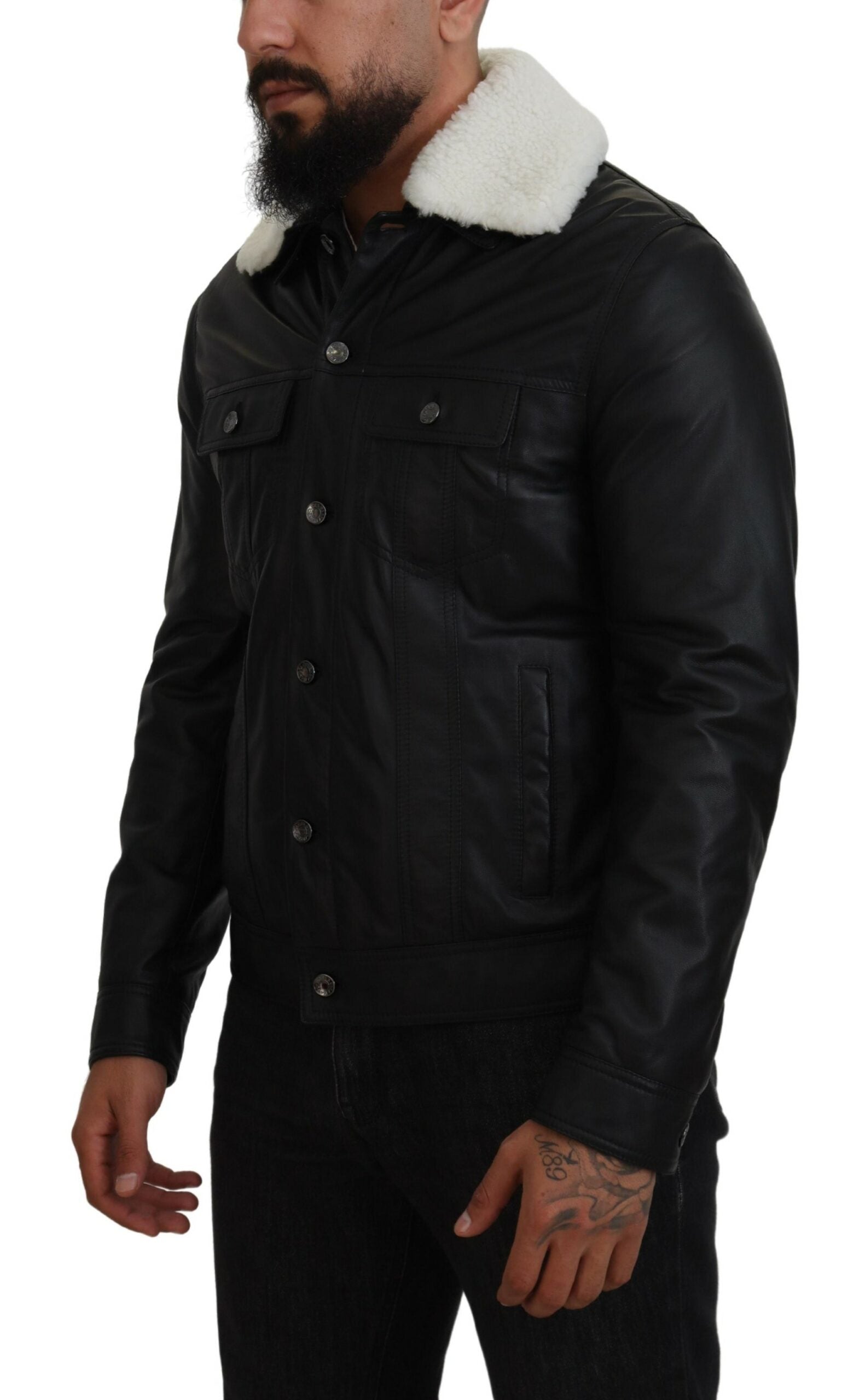 Jachetă bomber elegantă din piele neagră Dolce &amp; Gabbana