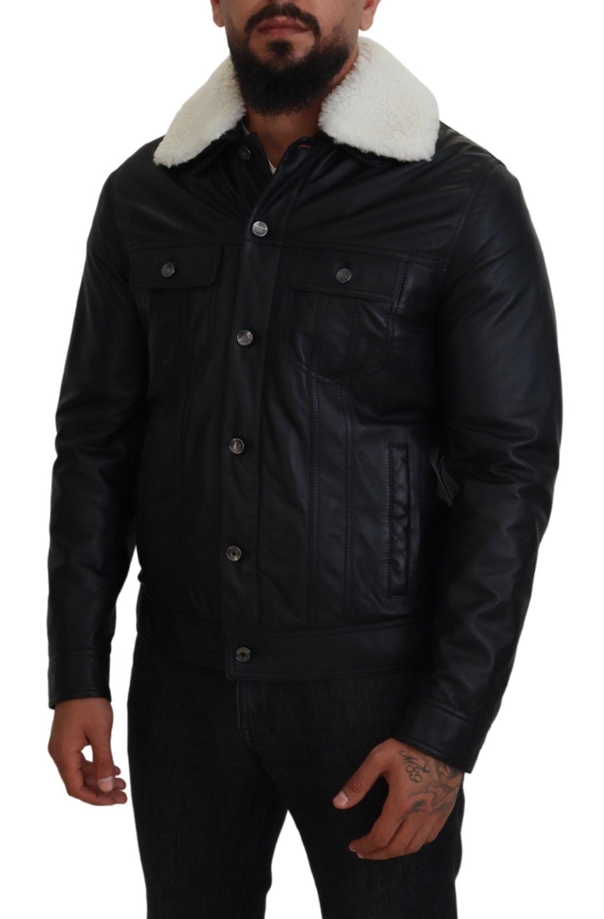 Jachetă bomber elegantă din piele neagră Dolce &amp; Gabbana