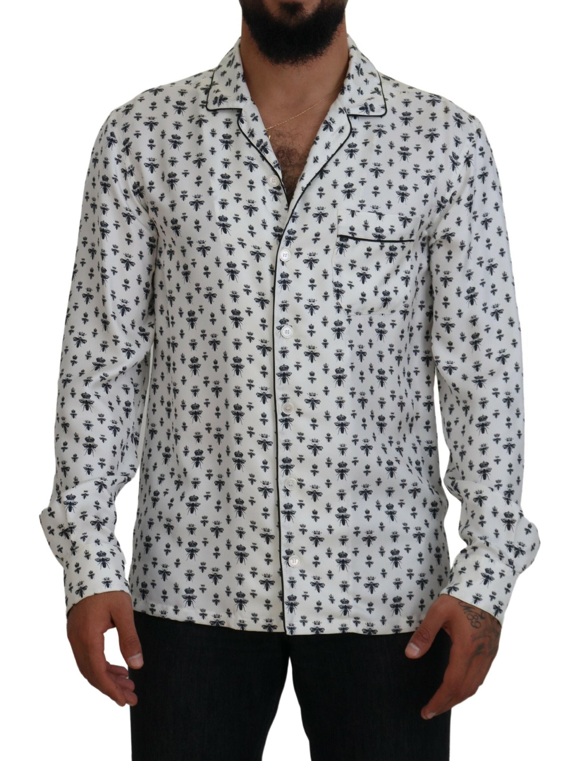 Dolce &amp; Gabbana – Elegantes Pyjama-Oberteil aus Seide mit Kronen-Bienen-Print