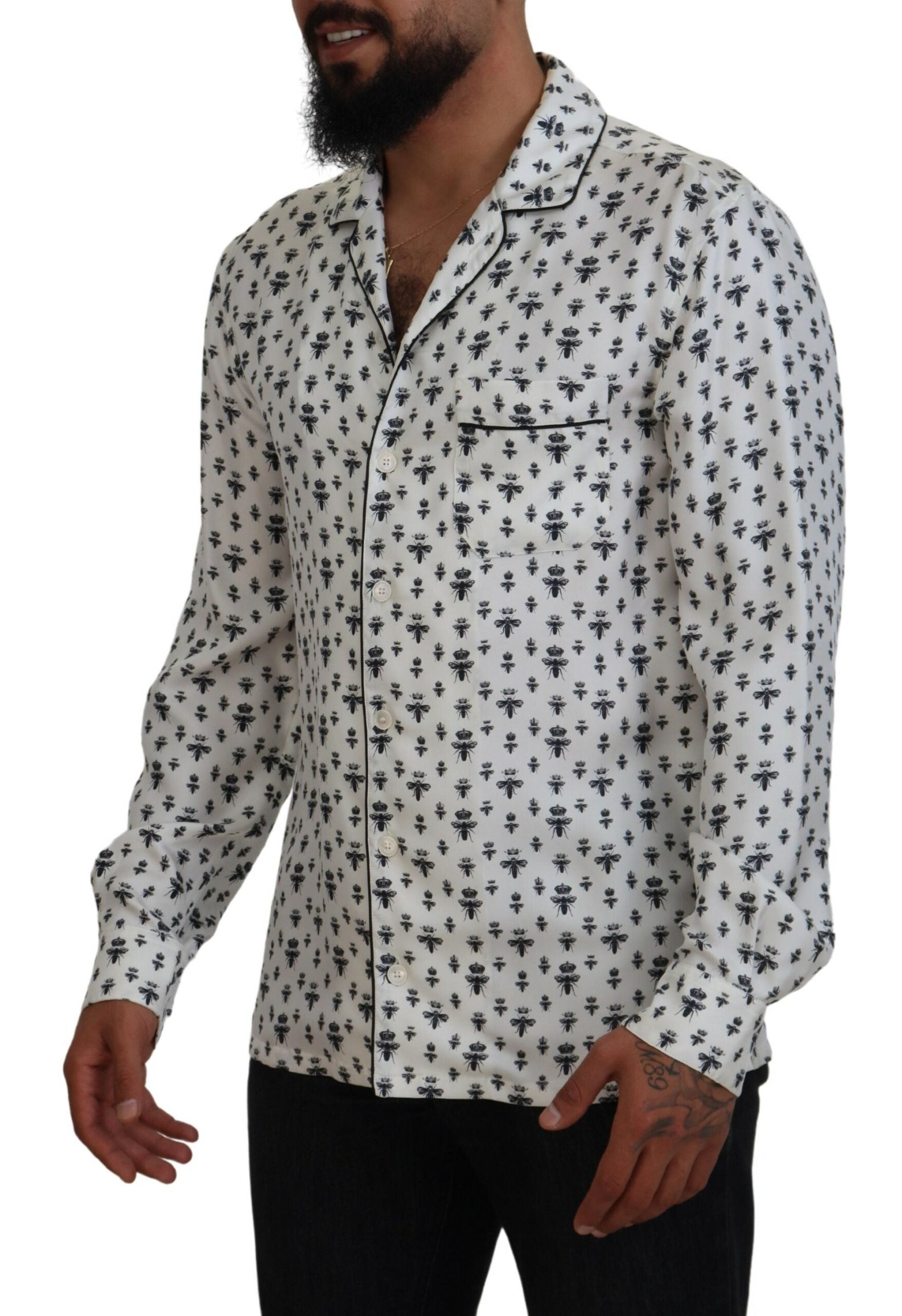 Dolce &amp; Gabbana – Elegantes Pyjama-Oberteil aus Seide mit Kronen-Bienen-Print