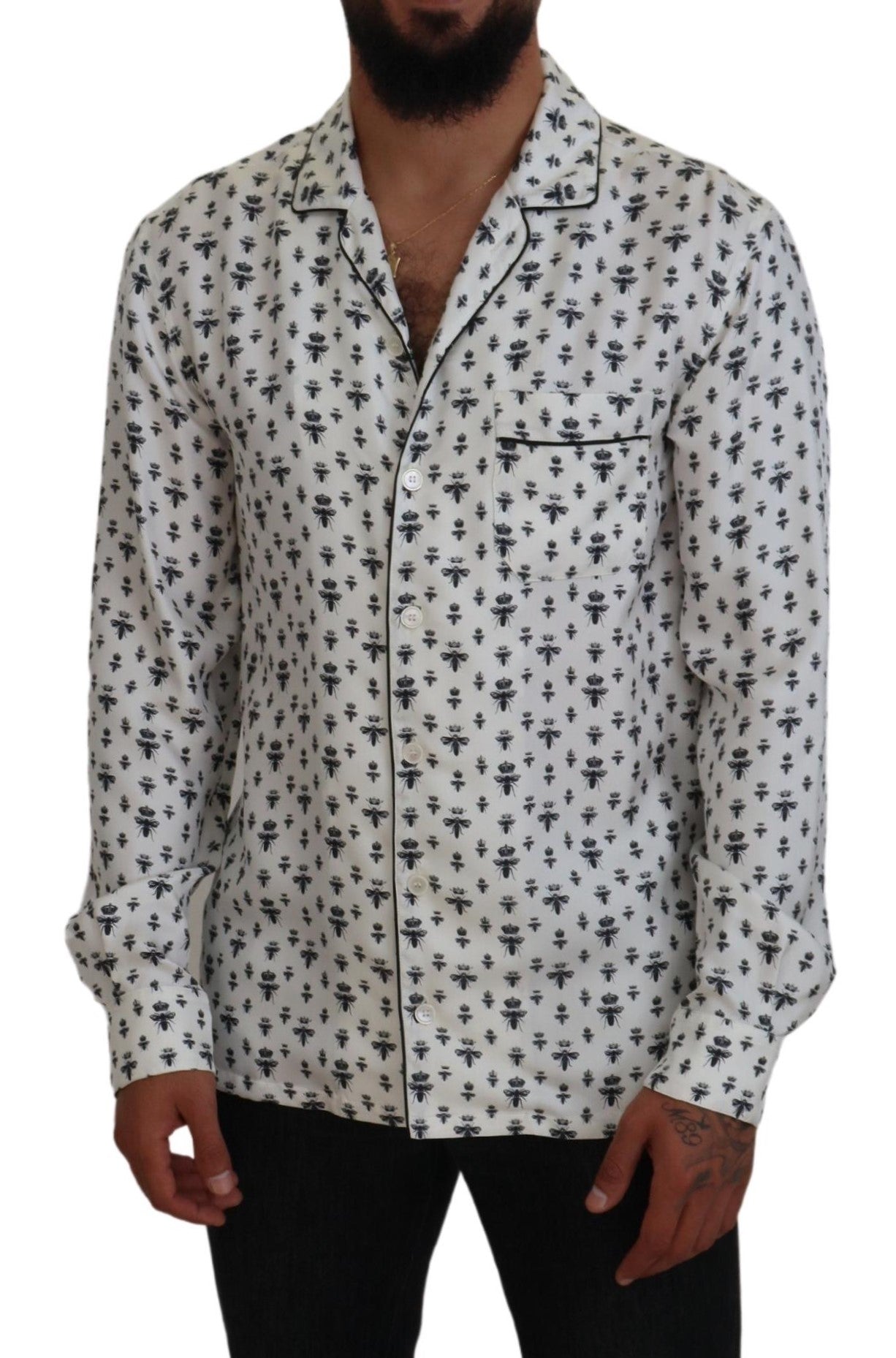 Dolce &amp; Gabbana – Elegantes Pyjama-Oberteil aus Seide mit Kronen-Bienen-Print