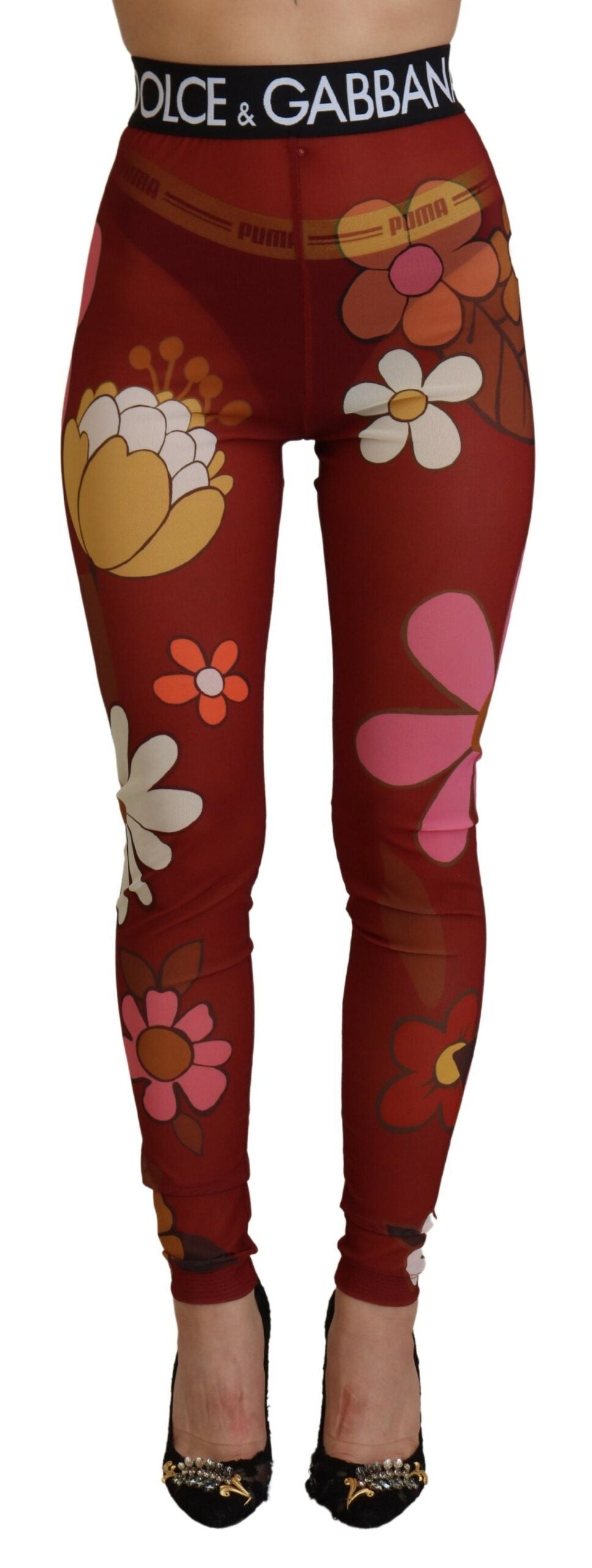 Dolce &amp; Gabbana – Rote Leggings mit Blumenmuster und hoher Taille