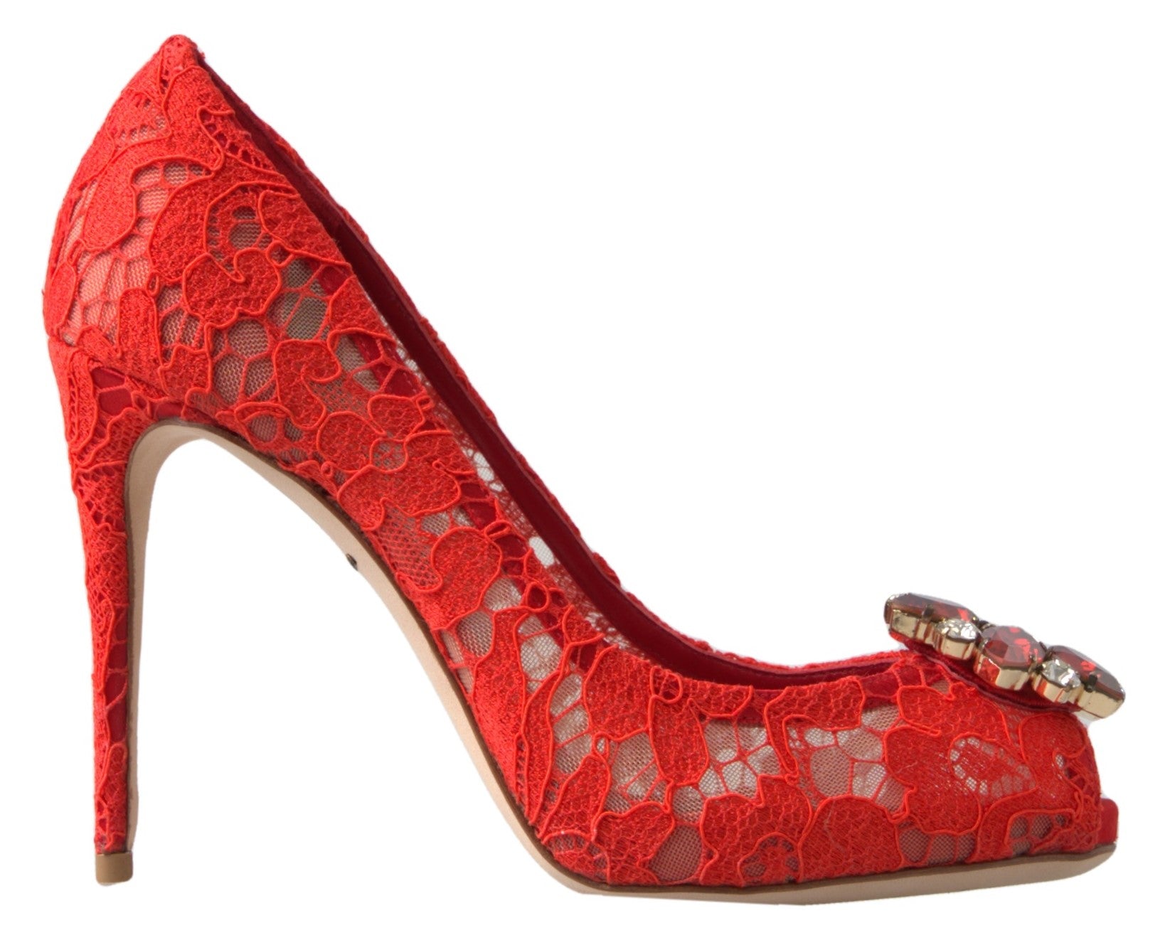 Dolce &amp; Gabbana – Schicke rote Spitzen-Pumps mit Kristallverzierung