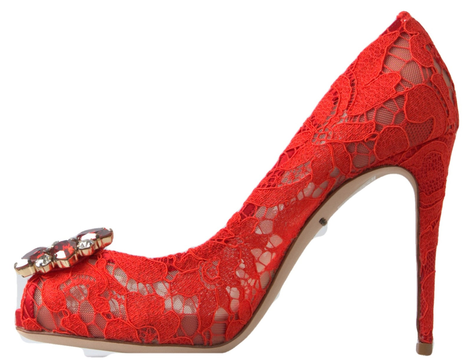 Dolce &amp; Gabbana – Schicke rote Spitzen-Pumps mit Kristallverzierung