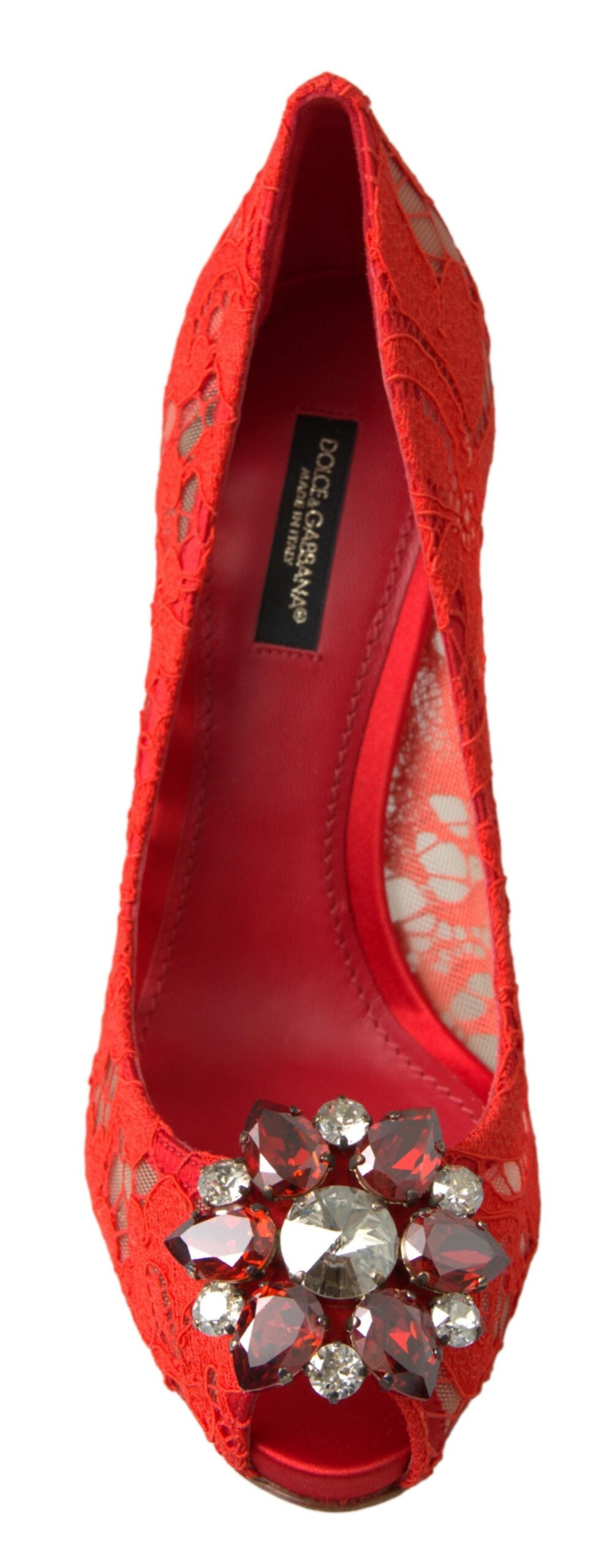 Pantofi cu toc Dolce &amp; Gabbana Chic Red Lace cu cristale